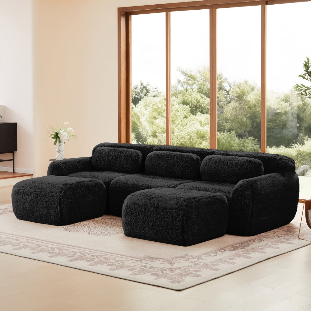 Sofa w kształcie litery U, modułowa, pluszowa, nie wymaga montażu, z poduszkami, ergonomiczna, czarna