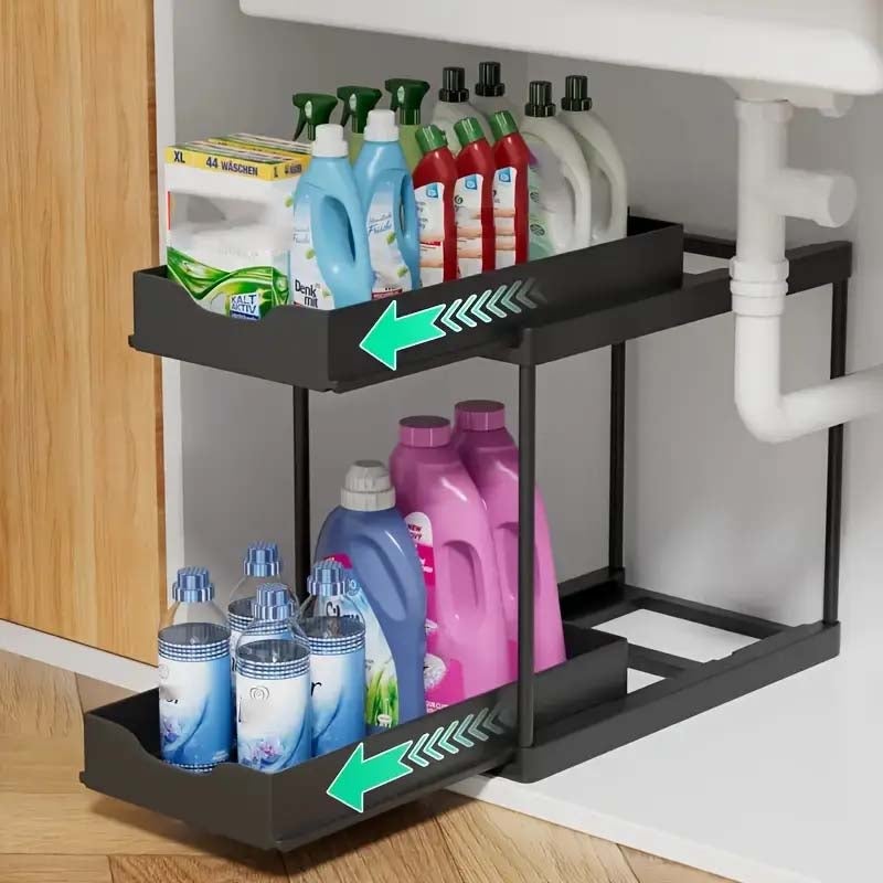 Organisateur sous-évier 2 niveaux coulissant blanc plastique durable, rack H avec roulettes, rangement cuisine salle de bain, épices, ustensiles - 3