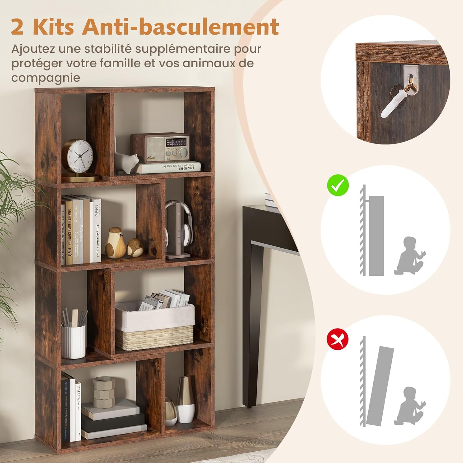 Bibliothèque Étagère à 8 Compartiments Ouvertes, Meuble de Rangement avec Kits Anti-basculement, pour Salon, Bureau, 20x60x120cm, Marron - 4