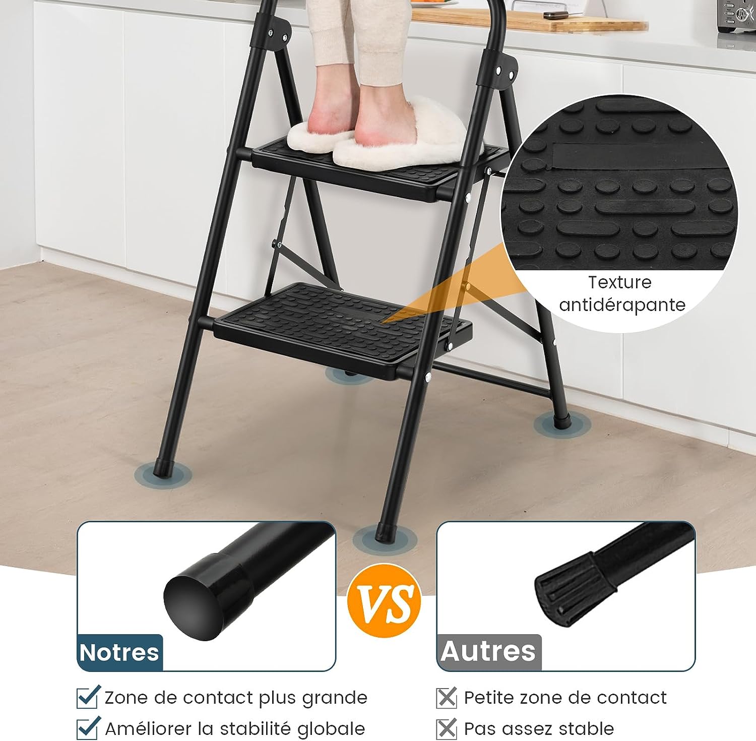 Escabeau 2 Marches Pliable 71 cm avec Poignée Rembourrée et Marche Antidérapante, Échelle d'Outil en Métal Portable Charge 150 kg, Noir - 5