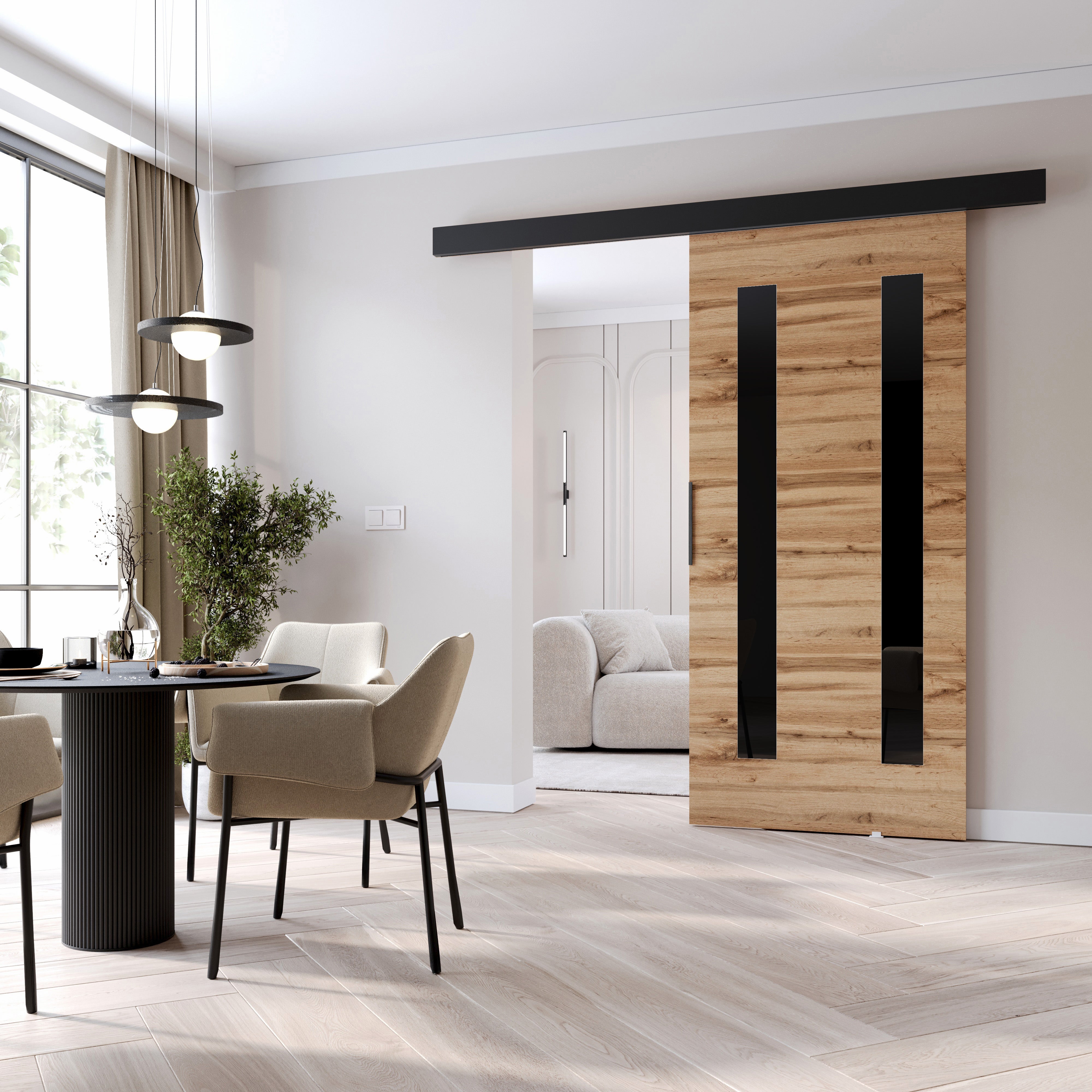 MINIO go for it, porte coulissante PRIM H 86 cm, Porte de chambre, Chêne Wotan / noir / éléments décoratifs-noir / poignée noire - 2