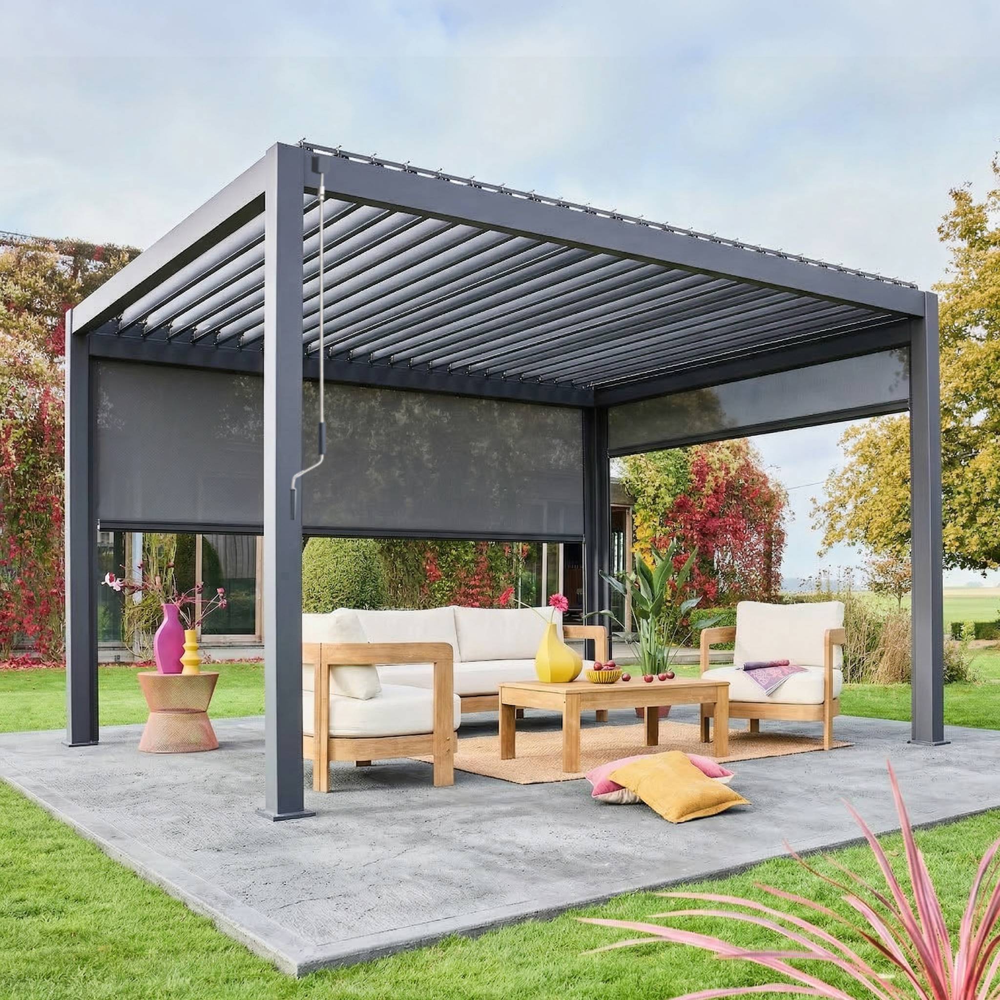 Pergola bioclimatica 3x4m in alluminio + tenda da 3m + tenda da 4m, Antracite - 5