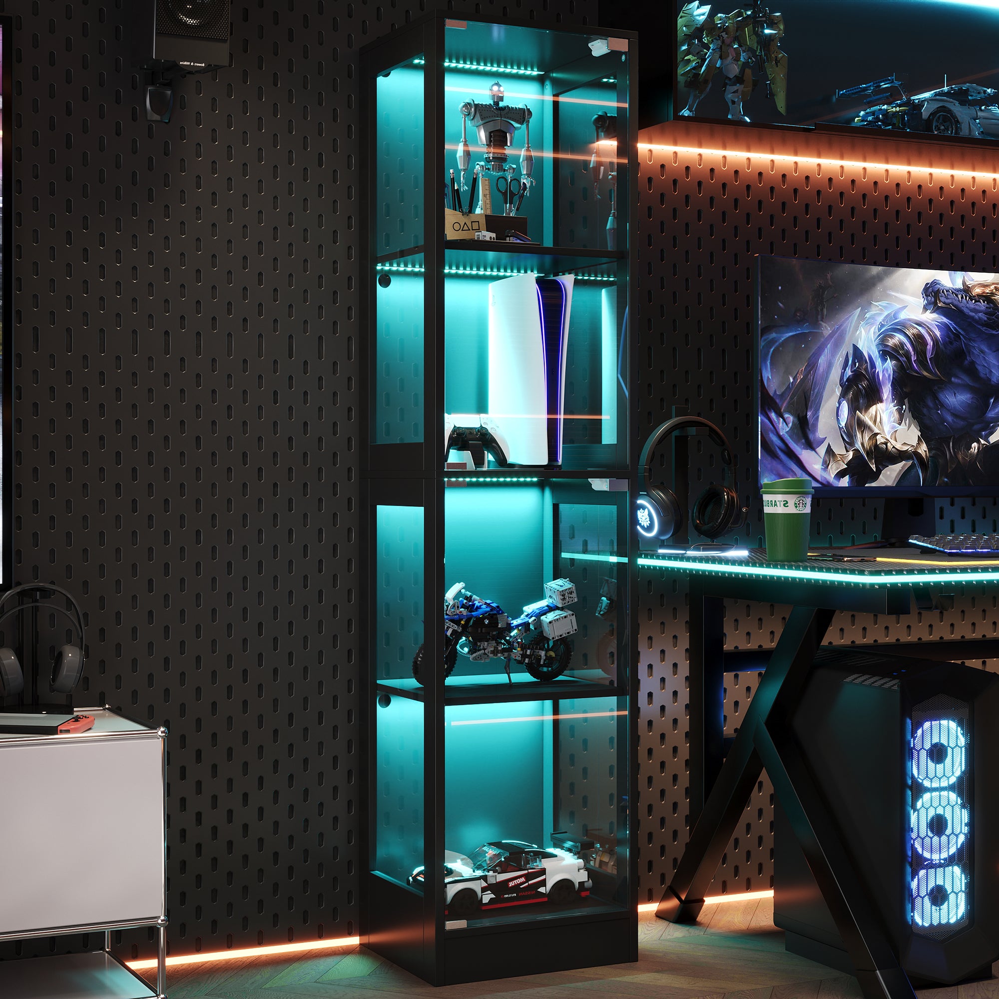 Vitrine en verre 40x35x170cm - Quatre niveaux de rangement - Éclairage LED contrôlable par App - 2 portes - MDF - Noir - 2