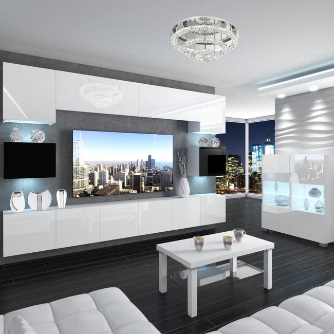 Meuble TV Mural BELINI NEX I Blanc Brillant 200x180x36 Cm I Éclairage LED Multicolore I Portes Sans Poignées I Qualité Pro