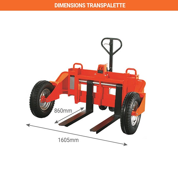 Tire palette maneul avec roues tout terrain - Chantier et usage extérieur - Fourches 1277x860mm - Capacité 1,2T - RTT12 - 2
