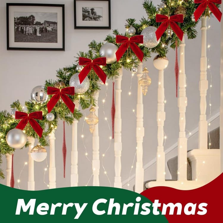 Lot de 24 décorations de Noël pour sapin et maison, nœuds en velours rouge et rubans dorés (rouge) - 7