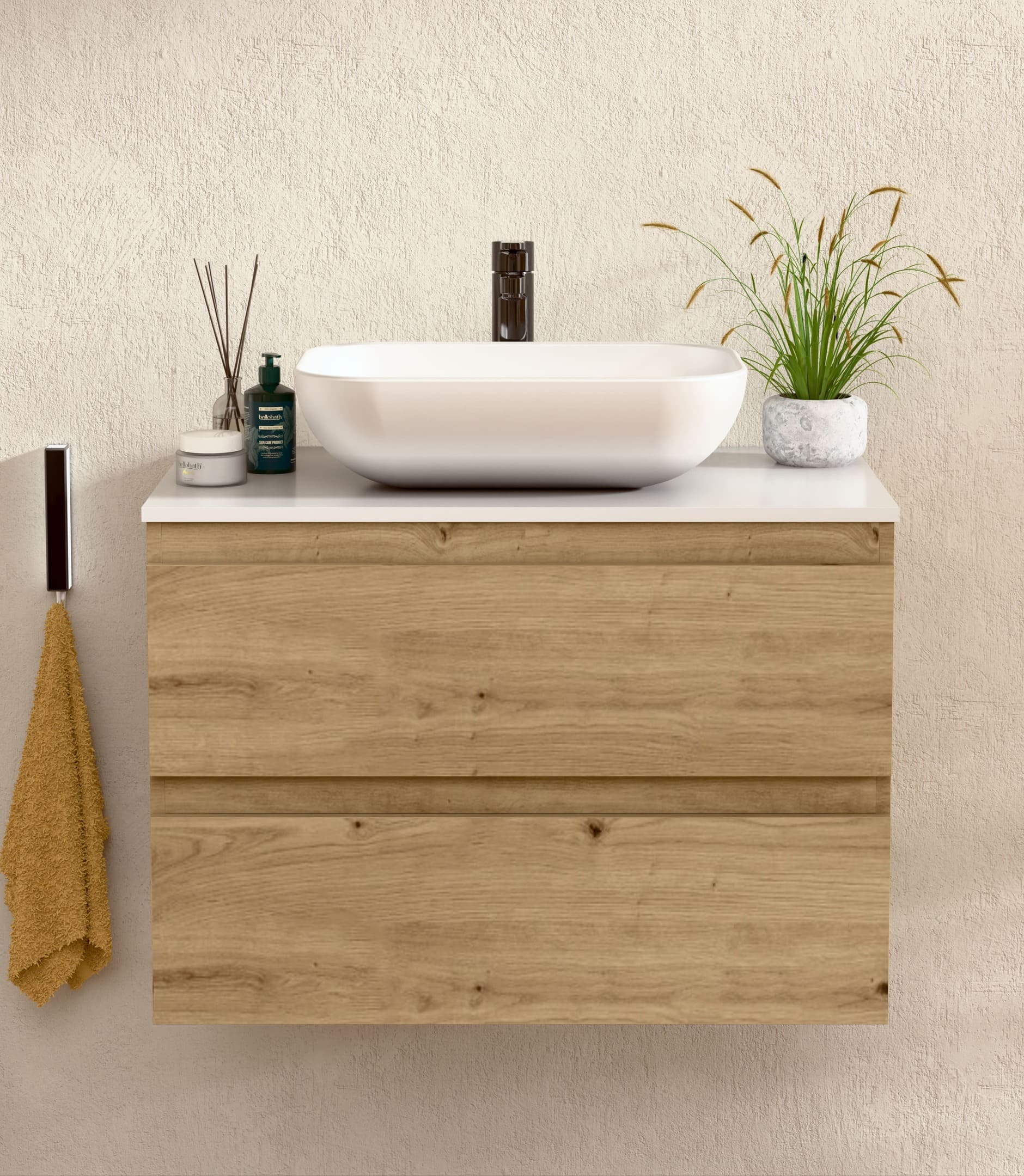 BELLOBATH - Móvel com Lavatório de Cerâmica, Móvel Montado com 2 Gavetas, 80 x 55 x 46 cm, Móvel Carvalho e Tampo Branco - 2