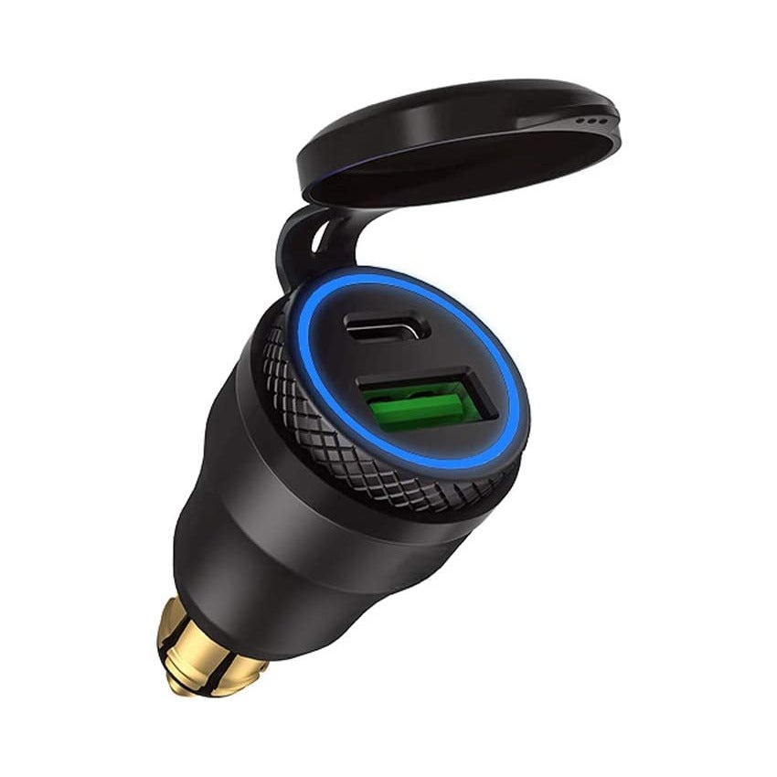 (Czarno-błękitna obudowa) Adapter zapalniczki USB do motocykla - Podwójne gniazdo USB - 12 V PD 3.0 i QC 3.0 - Do motocykli BMW
