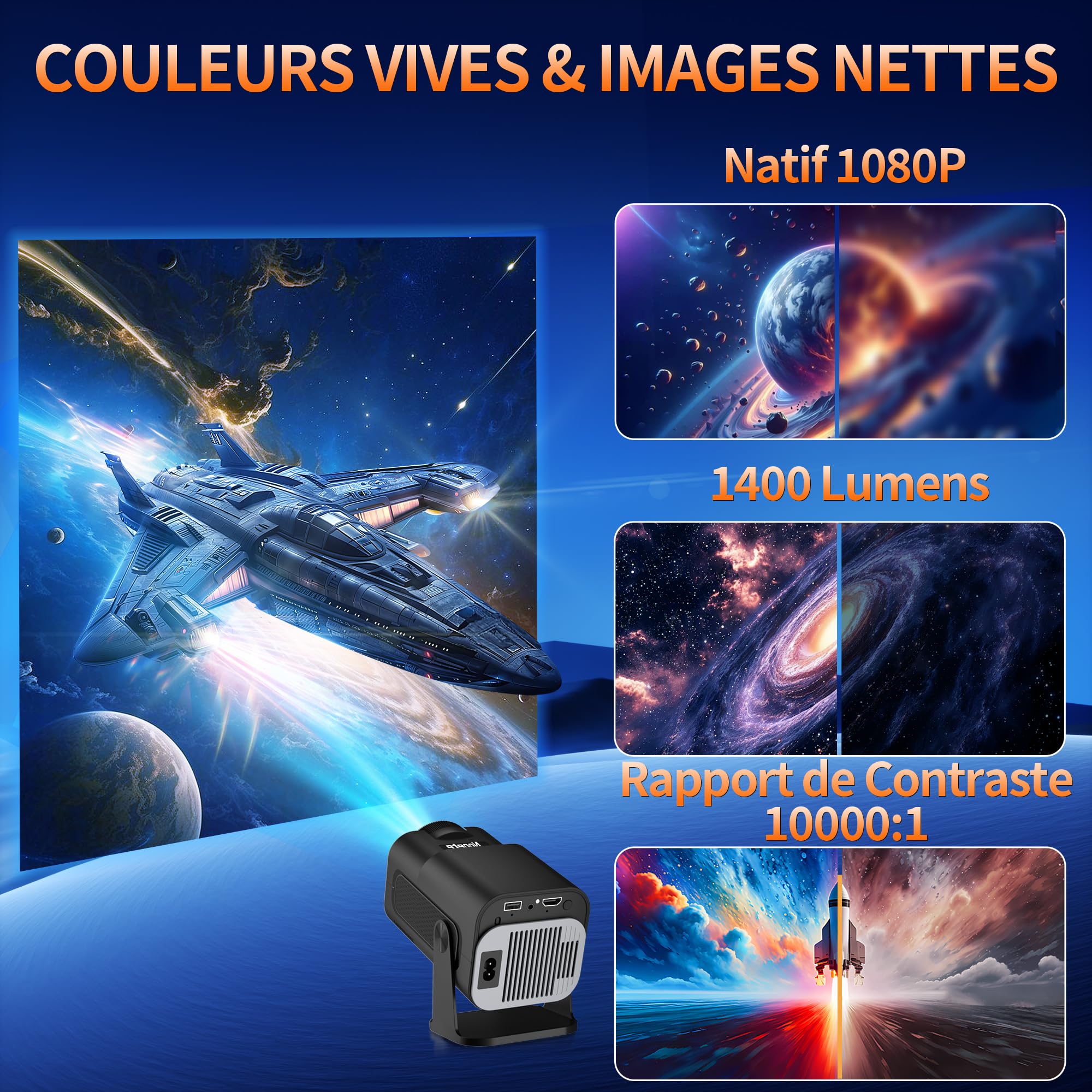 Vidéoprojecteur 1080P FHD,WiFi 6, Portable Projecteur 4k Dual Contrôle avec Supporté 270° Rotation Android TV/USB/PC - 7