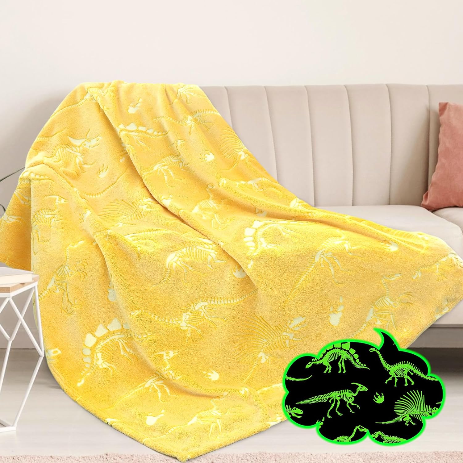 Fluorescencyjny koc, jasnożółty szkielet dinozaura, fosforyzujący koc flanelowy na łóżko, sofę, 127 x 152,4 cm