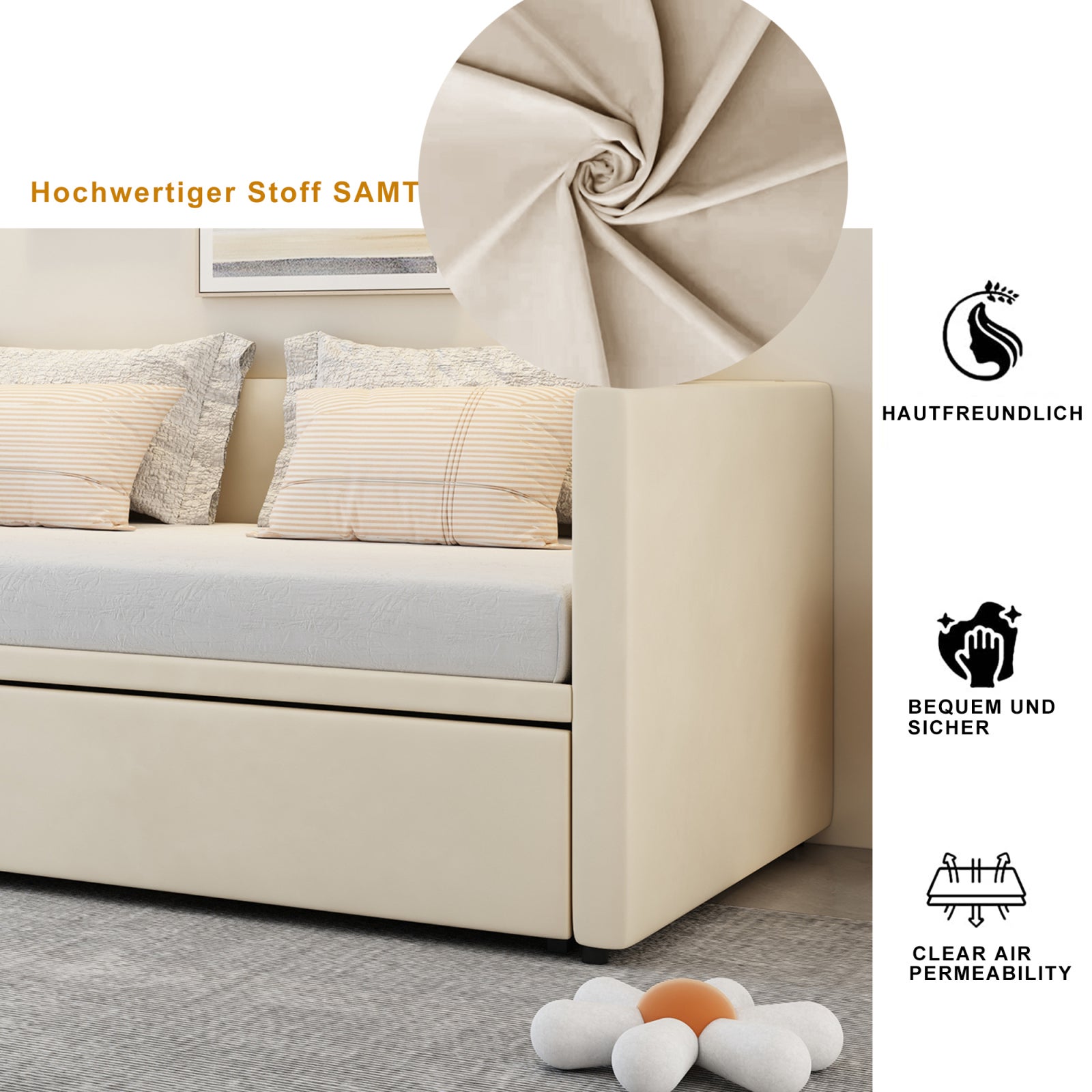 Canapé lit convertible 90x200 / 180x200 cm, lit banquette 2 places avec sommier à lattes, lit extensible, lit escamotable - Beige,Sans Matelas - 5