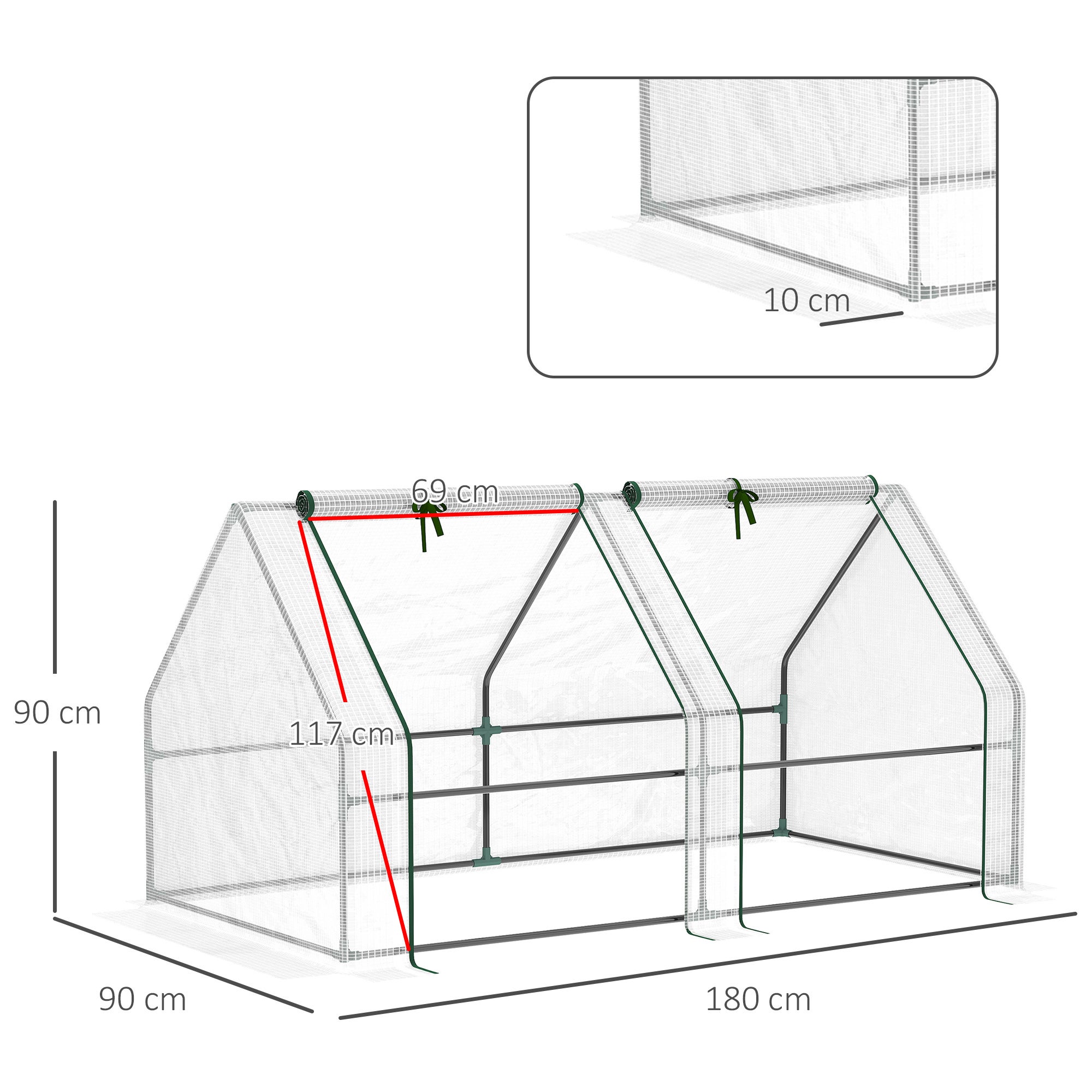 Mini Serre de Jardin mini serre tunnel 180L x 90l x 90H cm toit pointu Acier PE Haute densité 140 g/m² Anti-UV 2 fenêtres avec Zip enroulables Blanc - 5
