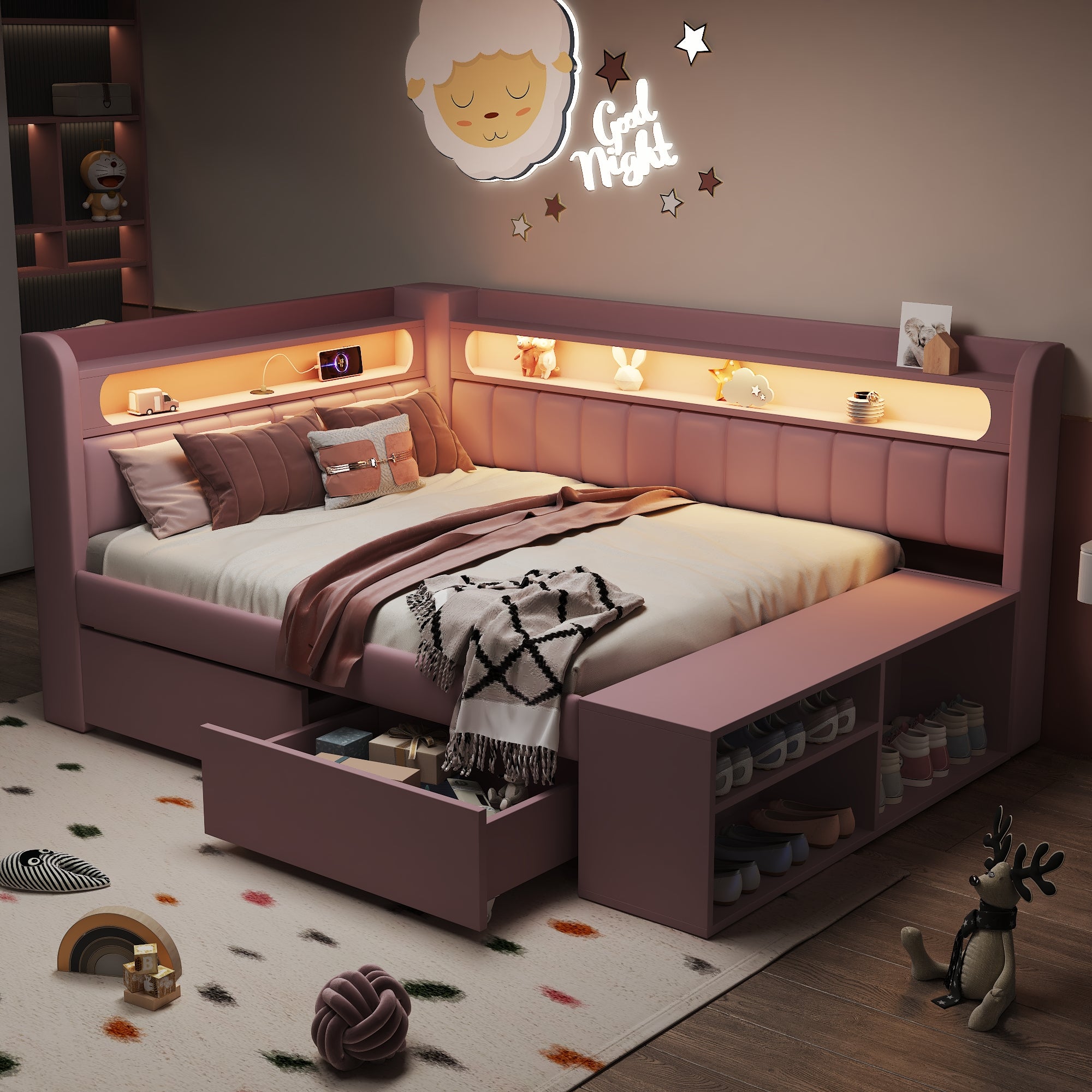 Canapea roz, canapea tapițată 90 200cm cu port USB și bandă de lumină LED, inclusiv dulap de pantofi și 2 sertare, cu iluminare integrată
