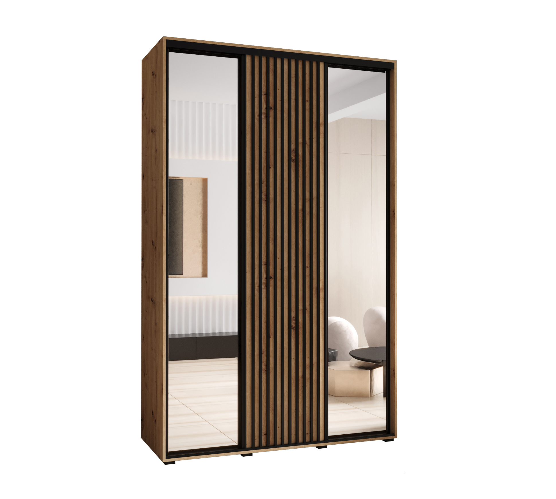 Szafa przesuwna z lustrem wysoka Lanko 2 150 x 60 x 235,2 cm artisan + artisan + lamele czarny - Abiks Meble