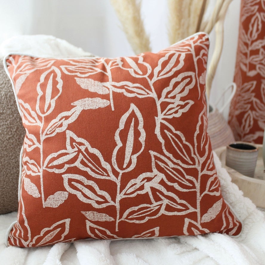 2 Coussins carré, déhoussable, Terre cuite, imprimé feuilles, Collection Lodge, CMADECO - 2