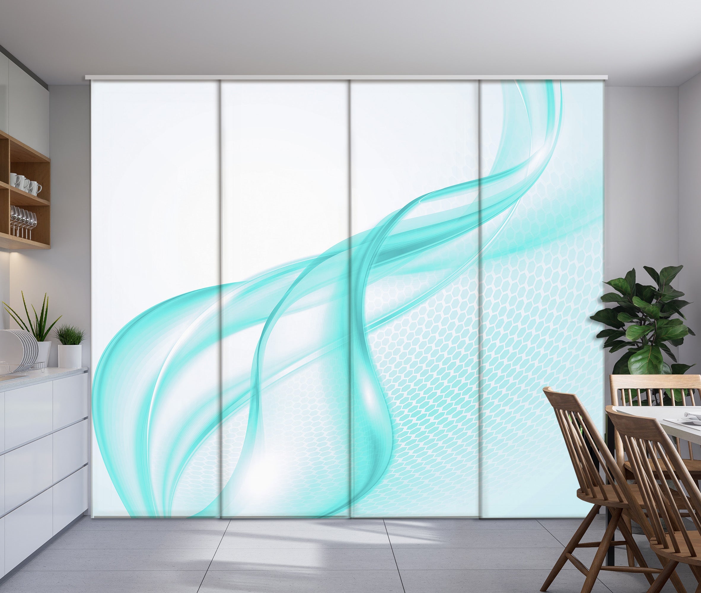 4 paneles japoneses wellmira 60x270 cm con riel de 4 vías de 240 cm, abstracción azul claro 2