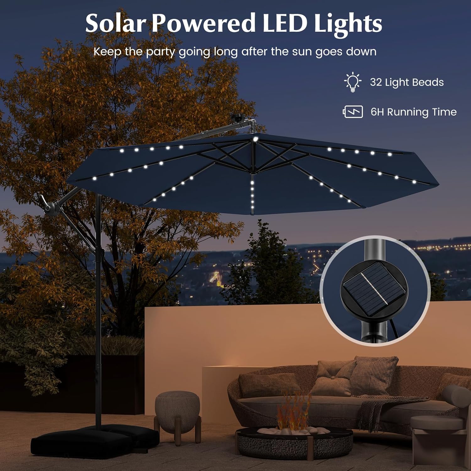 Parasol Déporté Ø300CM Parasol de Jardin Extérieur Inclinable 40 LED Solaires 8 Baleines, Grand Parasol avec Pied pour Terrasse Plage Cour (Bleu) - 4