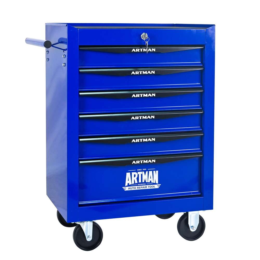 Caisse à outils roulante 6 tiroirs, glissières à billes, boîte en acier, organiseur, noir et bleu. - 9