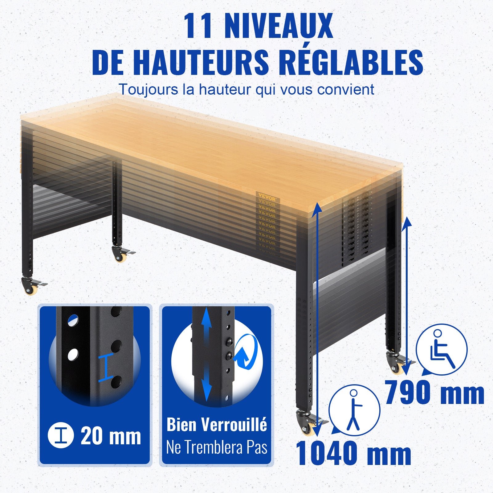 Banco de trabalho 122x51 cm,SucceBuy Altura ajustável,Banco prático com rodízios e tomada de corrente - 5