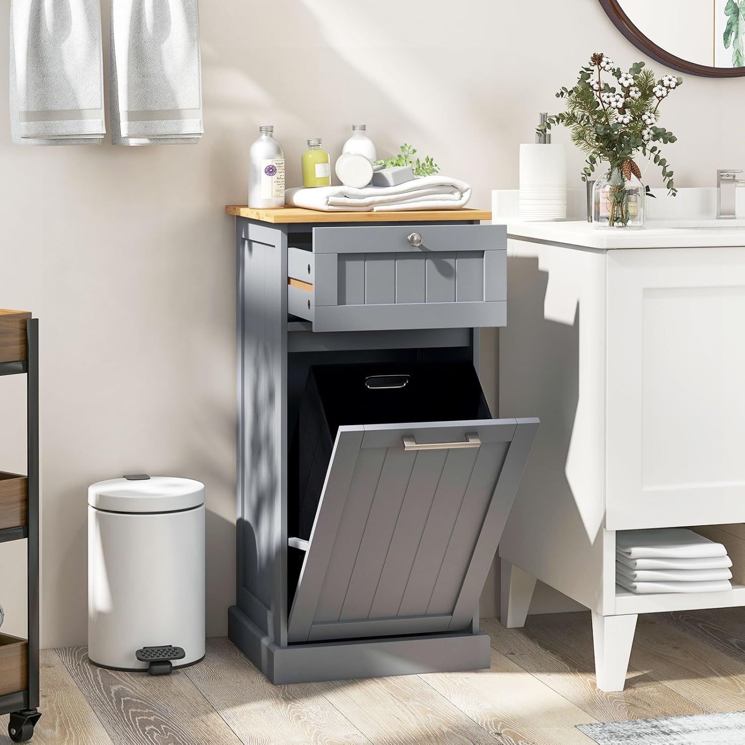 Meuble Salle de Bain avec Panier à Linge, avec Tiroir, Armoire Inclinable & Panier à Linge 38L avec Poignée Portable, 40x37x82 cm (Gris) - 2