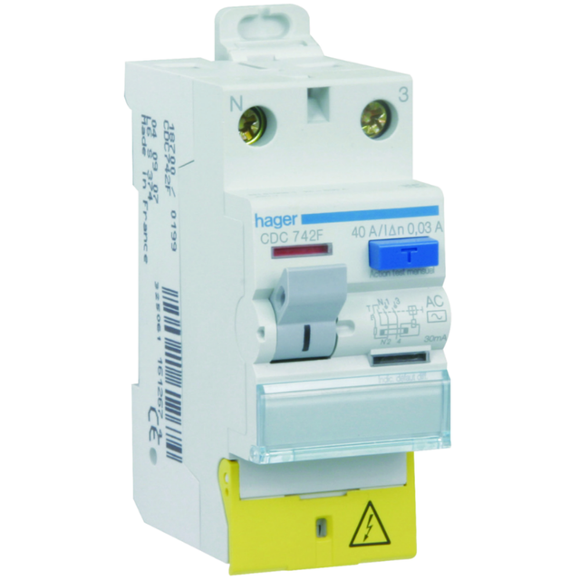 Interrupteur différentiel 2P 40A 30mA type AC à bornes décalées - HAGER - CDC742F