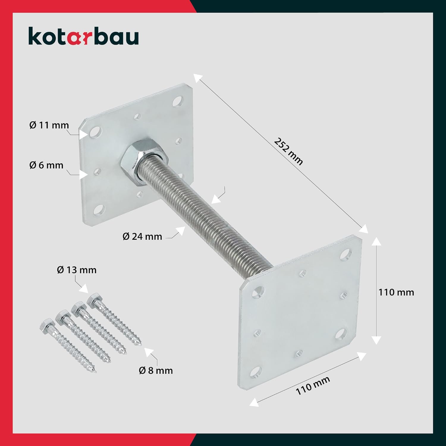 Lot de 8 Support de Poteau à Visser 110x110x250 mm en Acier Galvanisée - 8x Pied de Poteau - KOTARBAU - 5