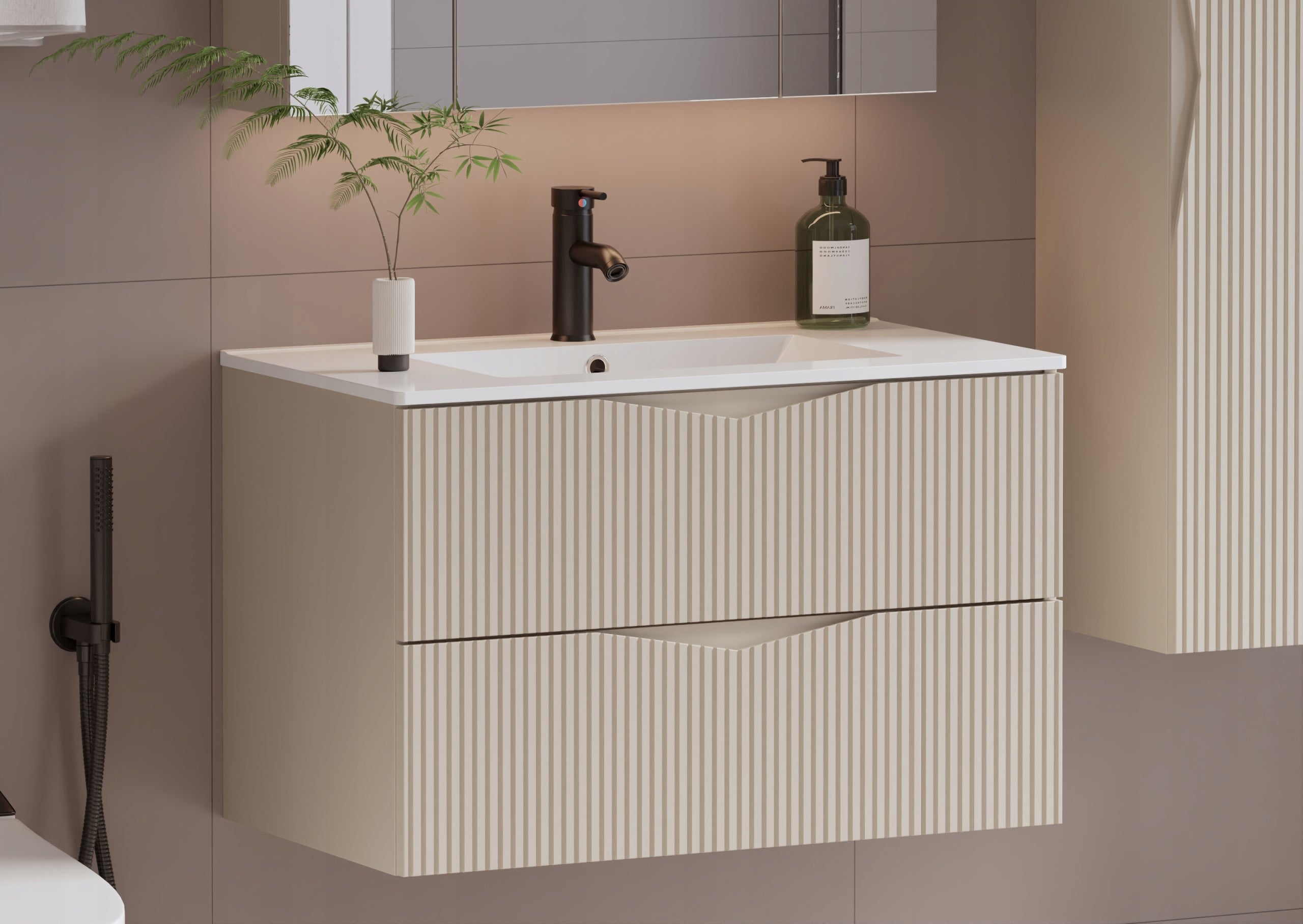 Szafka łazienkowa CLEO 80 cm beżowa wisząca ryflowane fronty MDF bez blatu - 7