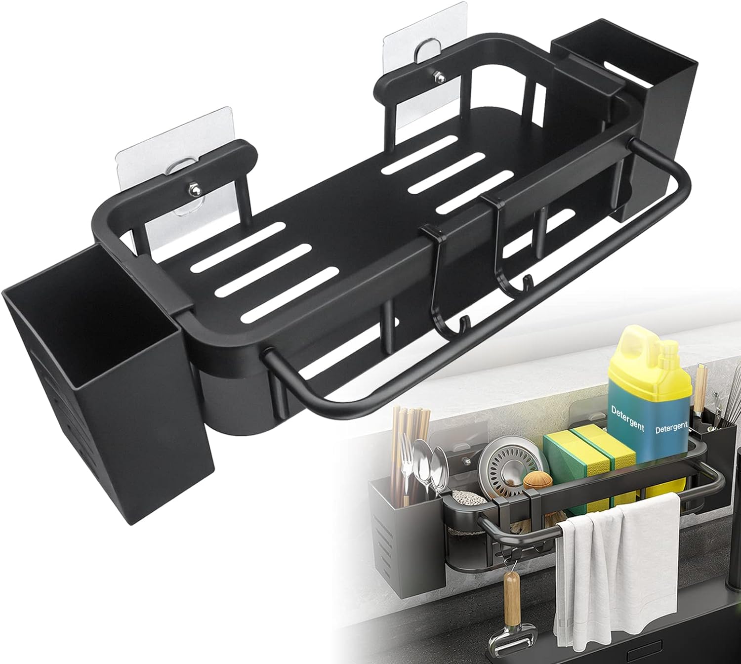 Uchwyt na gąbkę do zlewu kuchennego, pudełko do przechowywania ze stali nierdzewnej z 2 uchwytami na pałeczki