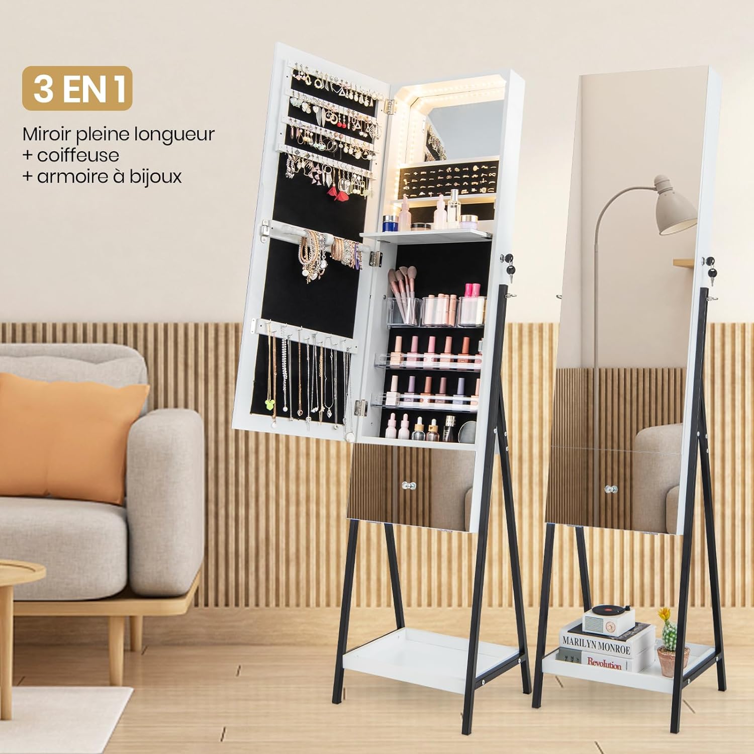 Armoire à Bijoux sur Pied-Miroir Pleine Longueur-Lumières LED 3 Couleurs-Verrouillable-Étagère de Maquillage Pliable Blanc - 5
