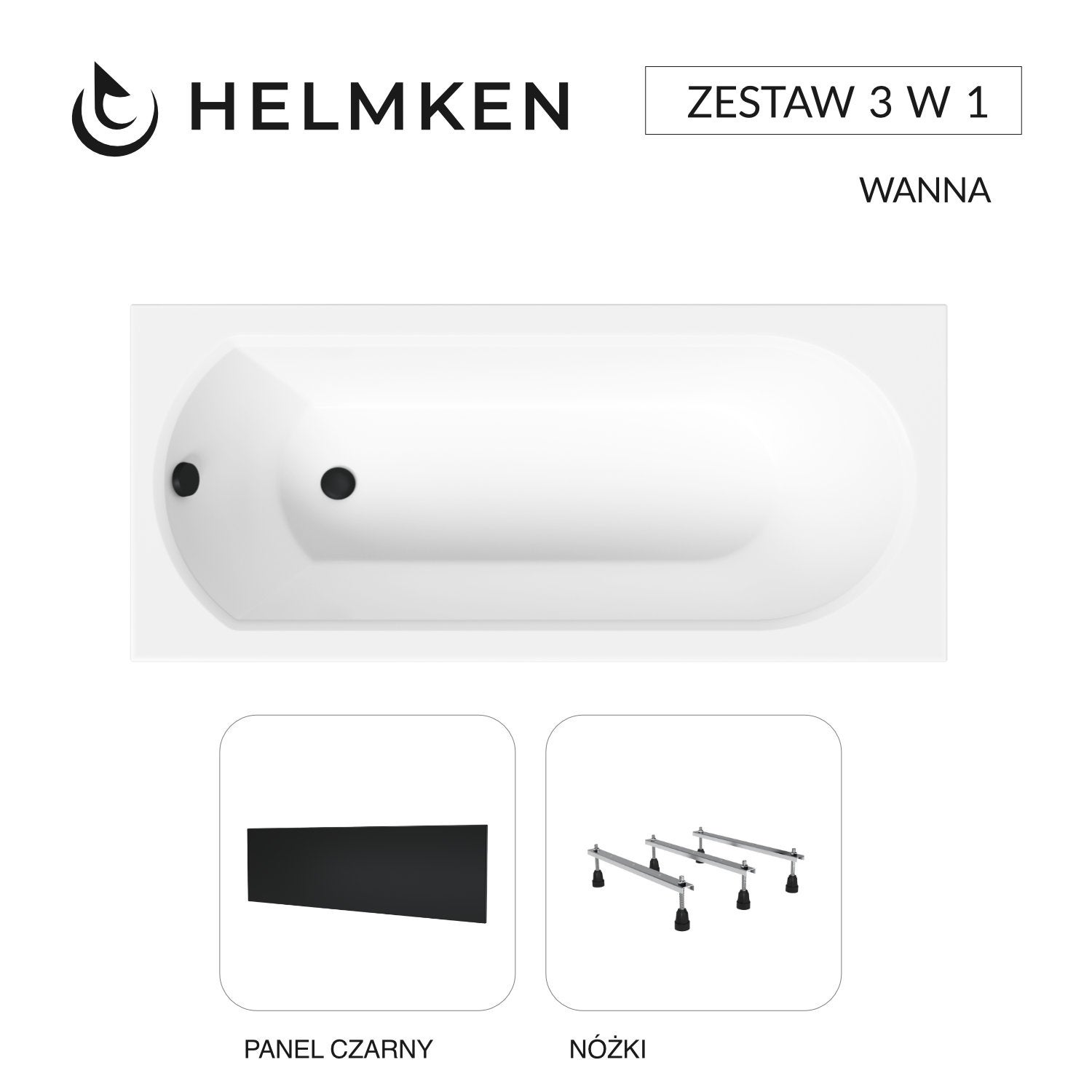 Wanna akrylowa Helmken Tressa 150 х 75 + Panel czarny + Nóżki / 23097001