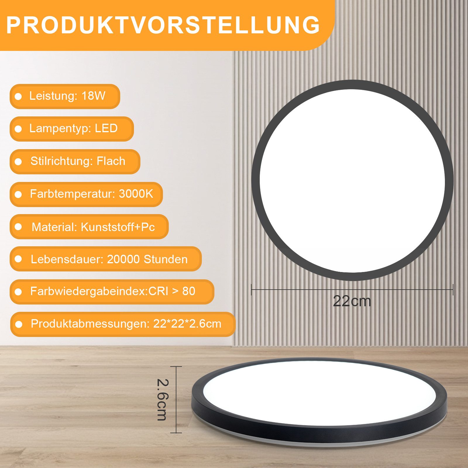 NETTLIFE Plafón LED Baño IP44 Ø22cm Negro, Lámpara de Techo Ultraplana 18W 3000K Blanco Cálido, Diseño de Rombo para Pasillo Cocina Dormitorio - 2