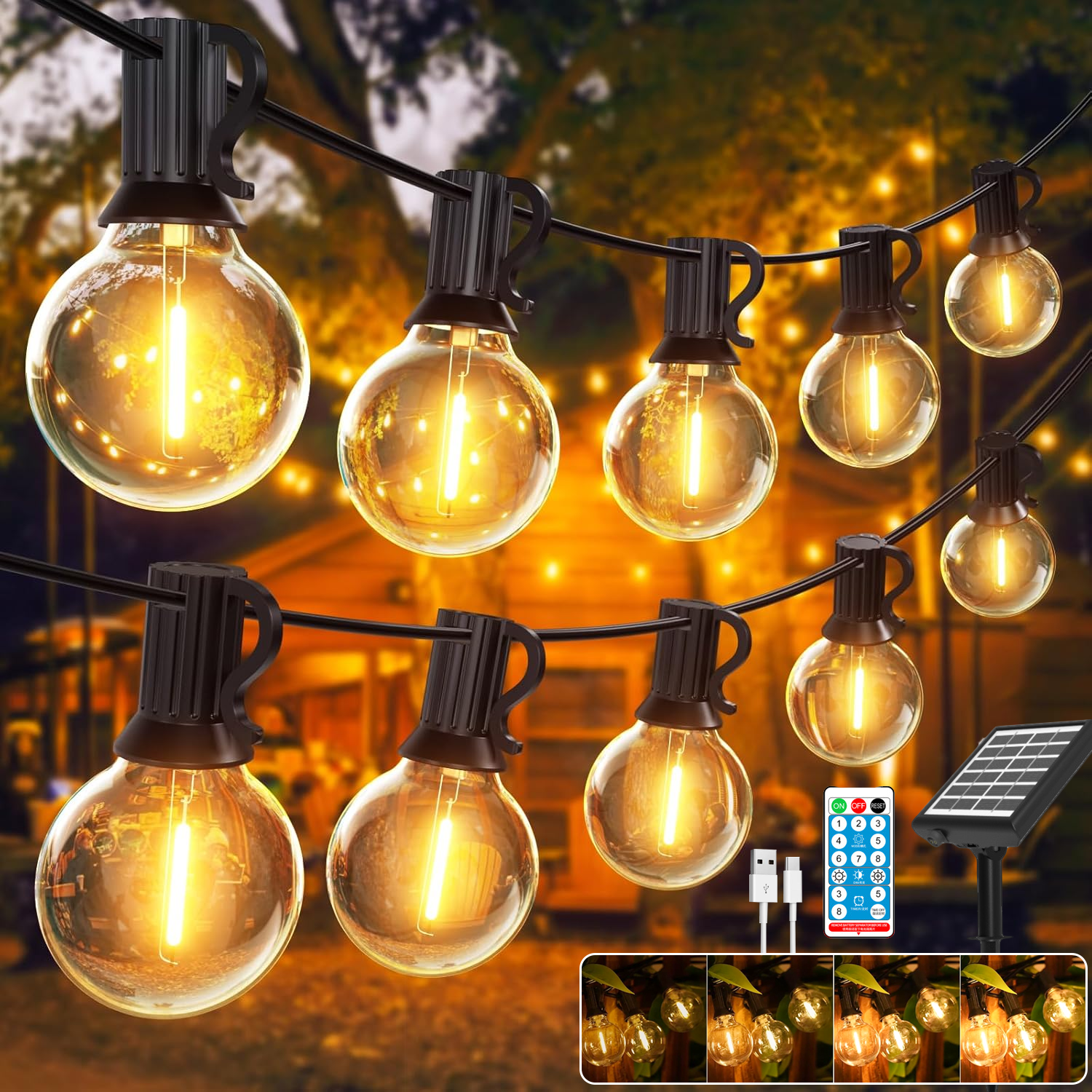 Zewnętrzna lampa solarna w formie girlandy o długości 9,5 m, lampa ogrodowa ładowana przez USB z pilotem i 25 żarówkami LED G40, 8 trybów, timer, IP44