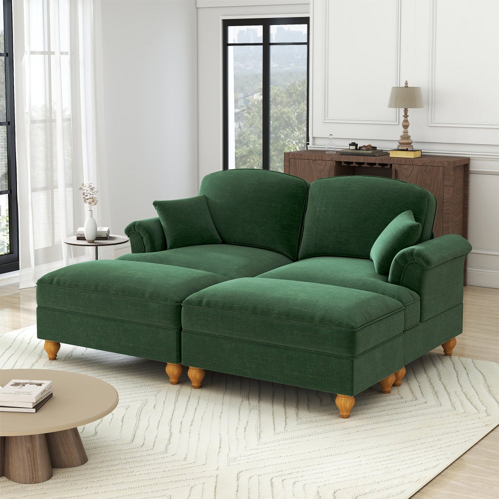 Sofa Cloud, modułowa, 2-osobowa, szenilowa, głęboka, z pufem, zielona