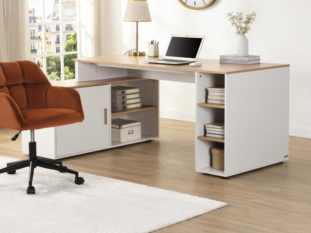 Bureau D angle Avec Rangements MDF Blanc Et Naturel ROMIARA bureau-d-angle-avec-rangements-mdf-blanc-et-naturel-romiara