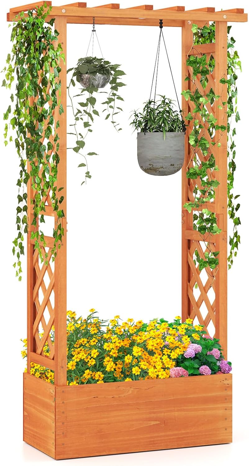 Podwyższona Skrzynka Ogrodowa z Kratką, 2 Boczne Kratki, Drewniane Łóżko Ogrodowe do Użyku na Zewnątrz z Otworem Drenażowym do Owoców, 78x32x152 cm