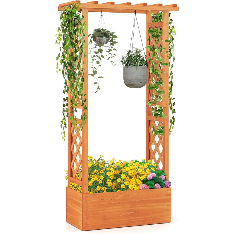 Podwyższona Skrzynka Ogrodowa z Kratką, 2 Boczne Kratki, Drewniane Łóżko Ogrodowe do Użyku na Zewnątrz z Otworem Drenażowym do Owoców, 78x32x152 cm