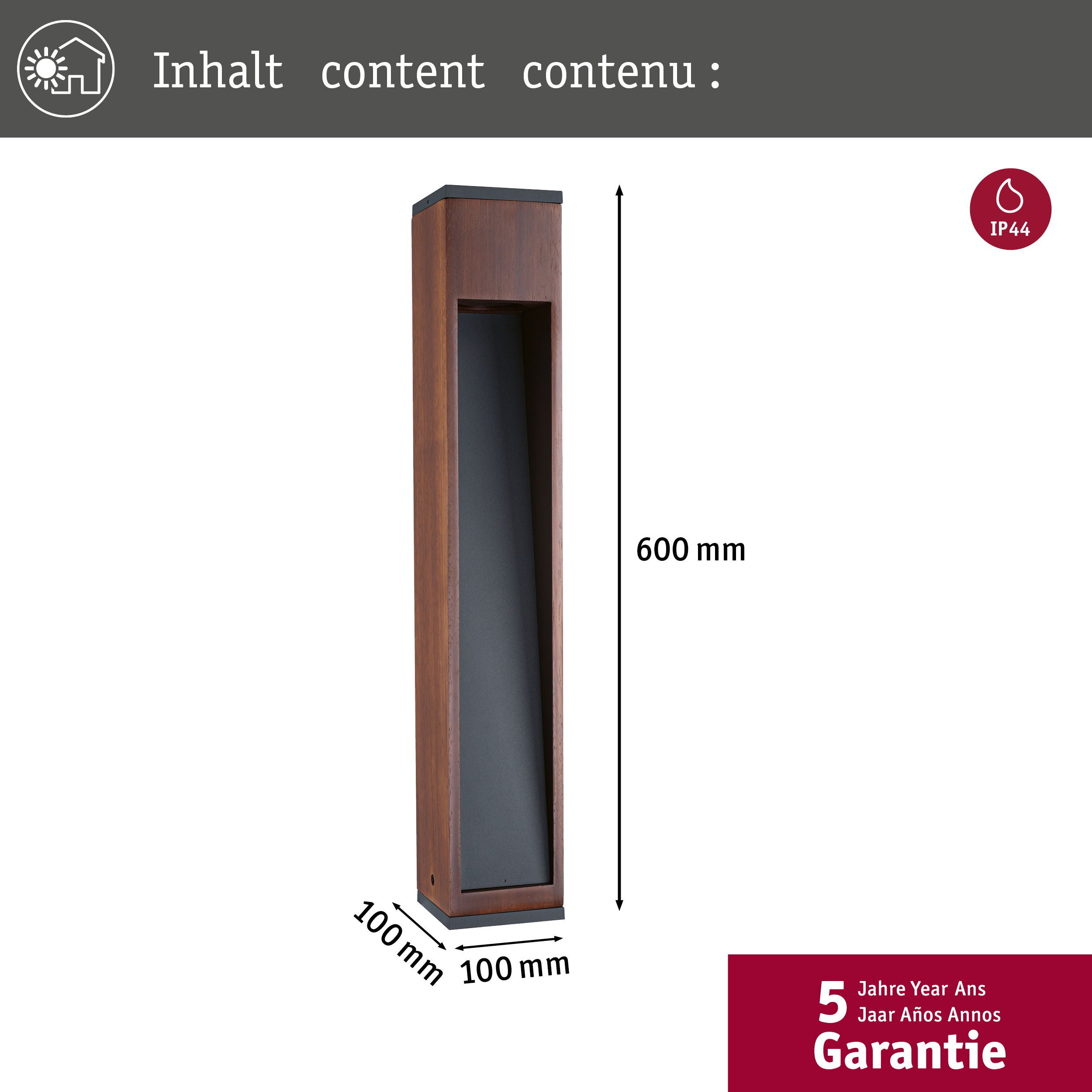 Borne lumineuse Trabia IP44 carré 600 mm 3000K 3,5W 230lm 230V 38° Bois GU10 Bois - 3