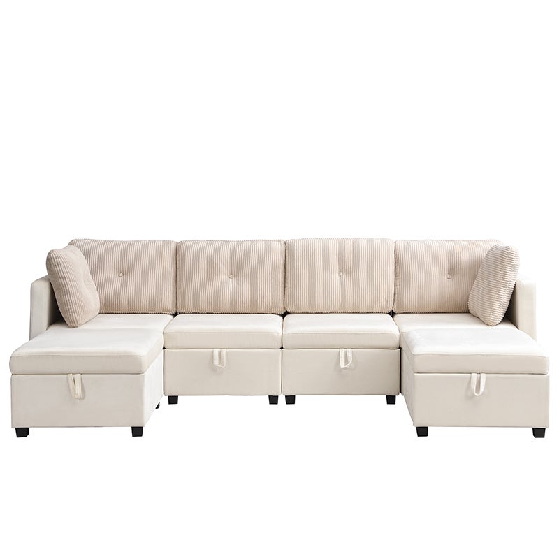 Canapé 6 places en forme de U - avec rangement - convertible multifonctionnel - velours + velours côtelé - beige - 7