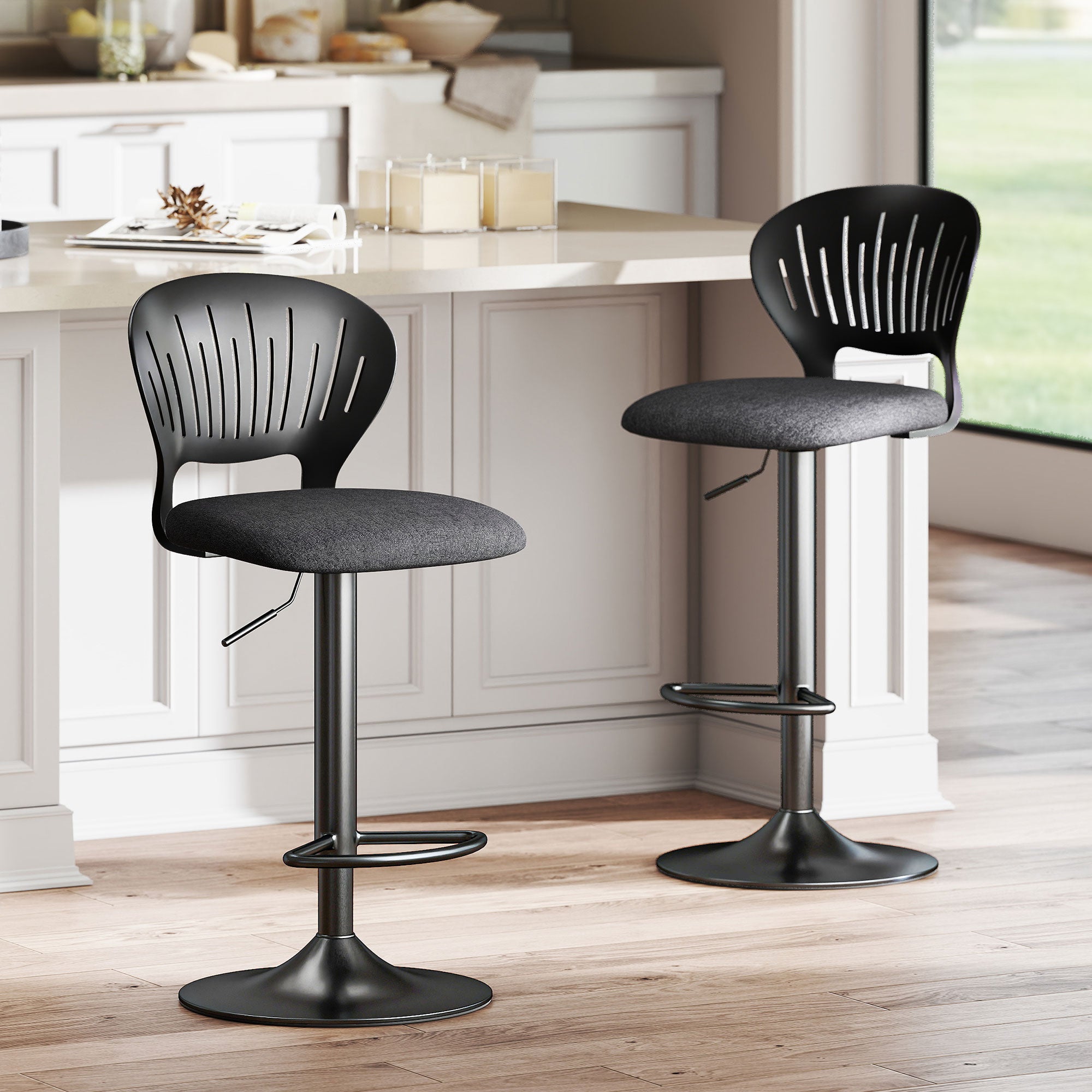 Set 4 Sgabelli Da Bar In Rattan E Legno Massello - Beige/Lino - Altezza 66 Cm Con Schienale Curvo - Per Isola Cucina E Bancone - 2