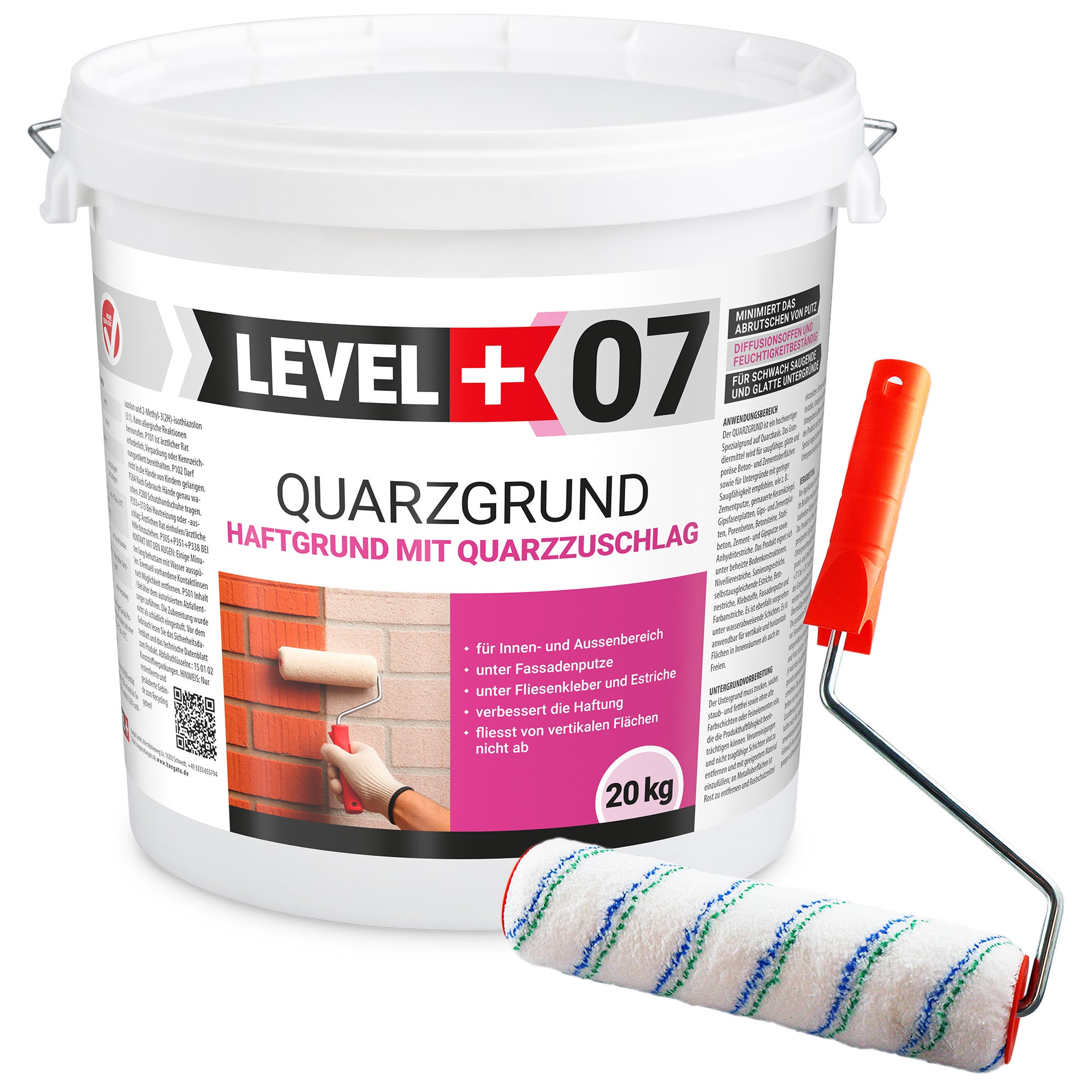 LEVEL+ Grunt Szczepny Kwarcowy QUARZGRUND L+07 - 20KG + Wałek Malarski 25cm