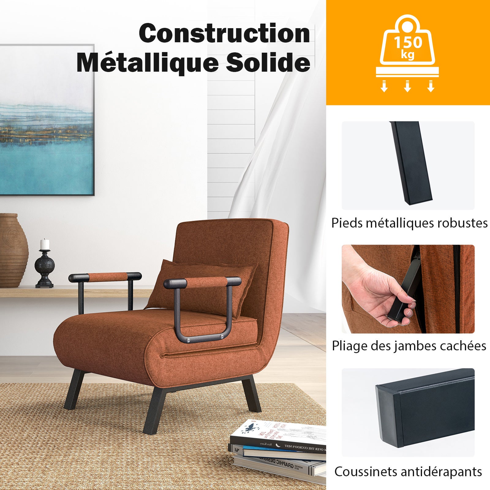 4 in 1 Poltrona Letto Singolo, Poltroncina Pieghevole con Schienale Regolabile in 6 Posizioni, Sedile Imbottito Robusto, Divano Letto per Casa - 7