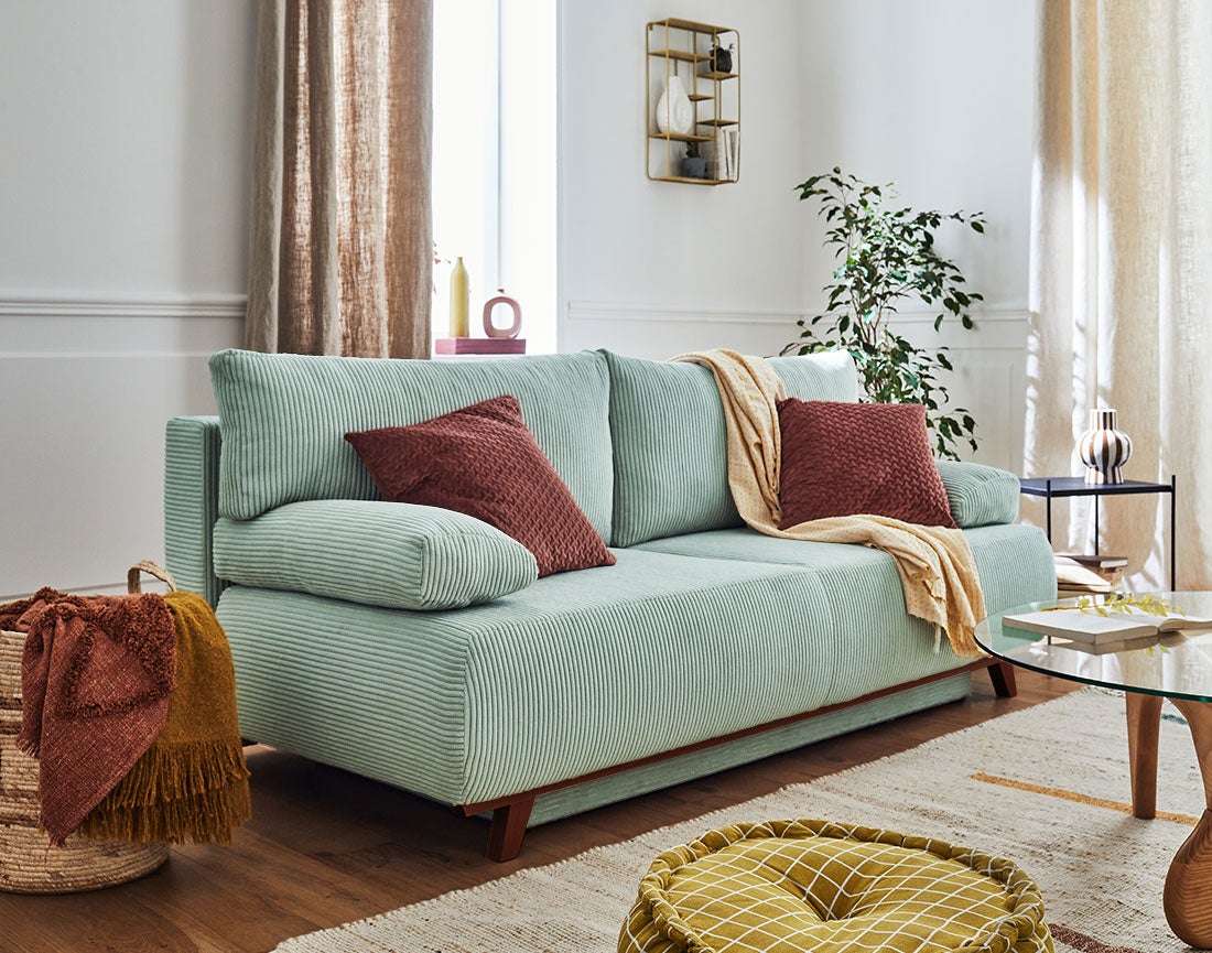 Canapé droit convertible 3 places en velours côtelé bleu - CRISTAL - Best Mobilier - 2