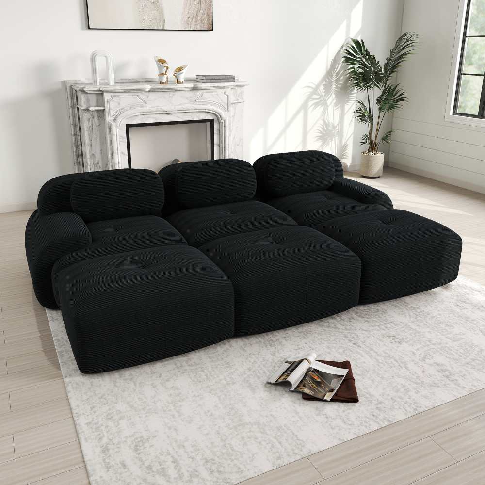 Modułowa sofa 3-osobowa w tkaninie kordowej z 3 pufami, bardzo szerokimi podłokietnikami, wypełnieniem 32D, nie wymaga montażu, przyjazna dla zwierząt