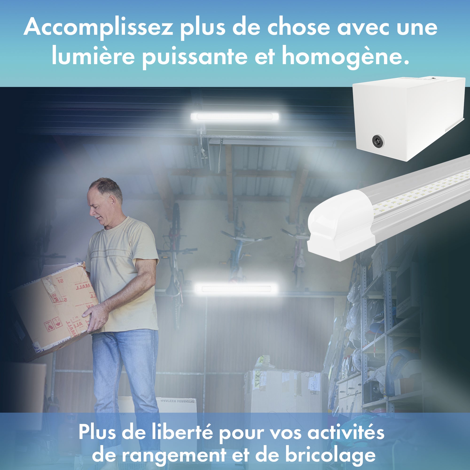 Kit éclairage sans fil garage box cave sous sol - 2 réglettes led - 1 Batterie - 1 interrupteur radio - Gamme CONFORT - 2200 lumens - 6