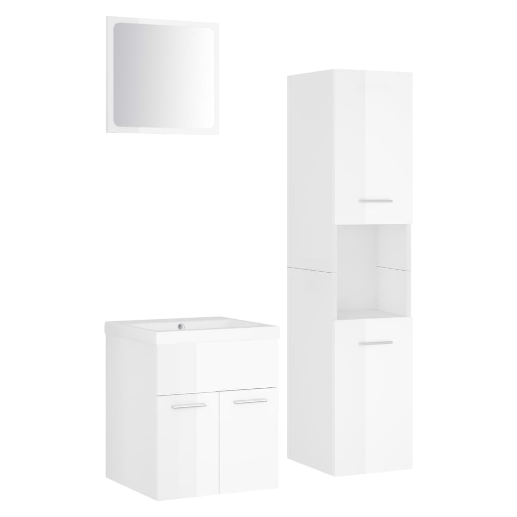 Ensemble Meuble Salle De Bain Blanc - Armoire évier + 2 Armoires Hautes + Miroir - Aggloméré Et Acrylique