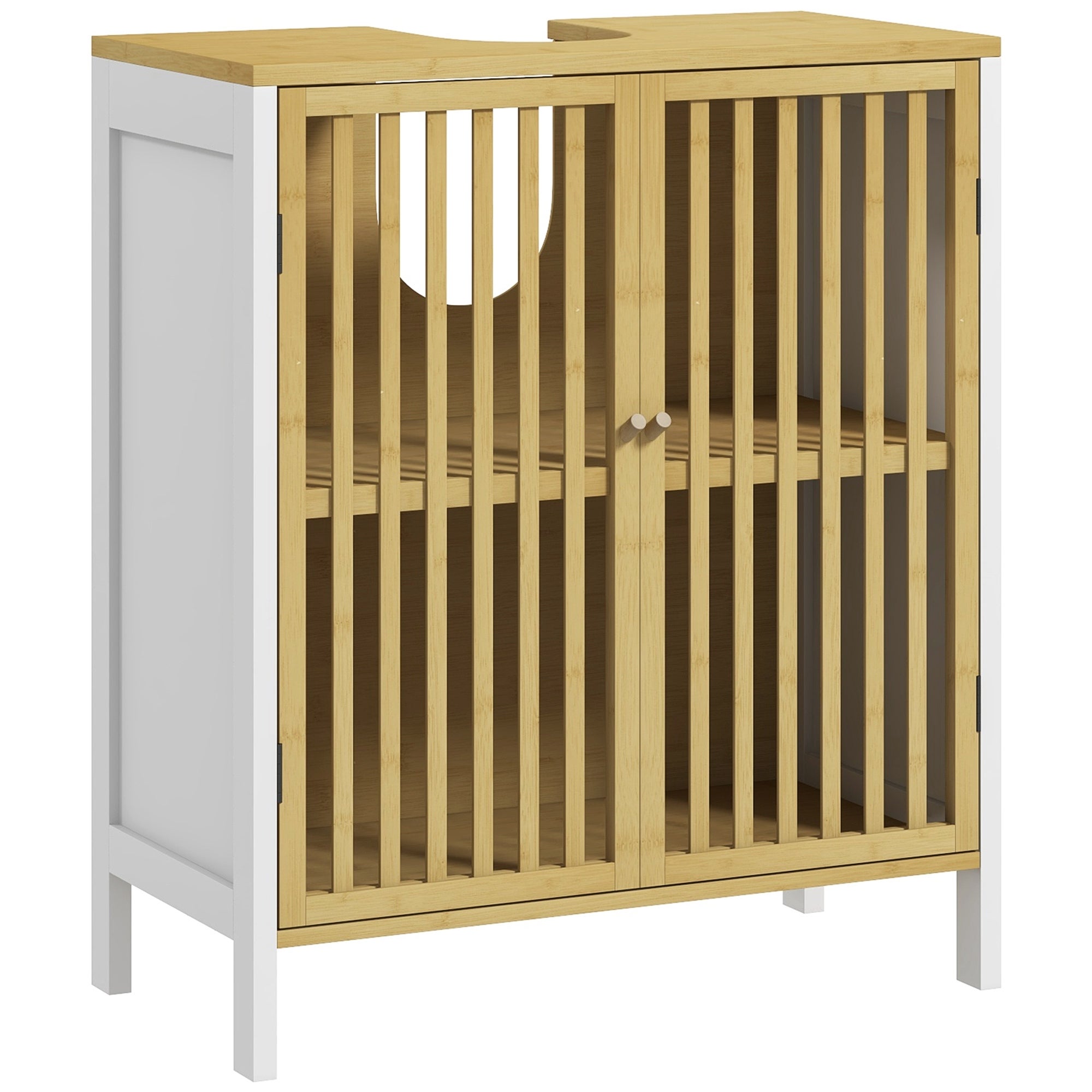 Meuble Sous Lavabo En Bambou – Avec étagères Réglables, Portes à Lattes – 60x30x60 Cm – Rangement Salle De Bain Anti-humidité