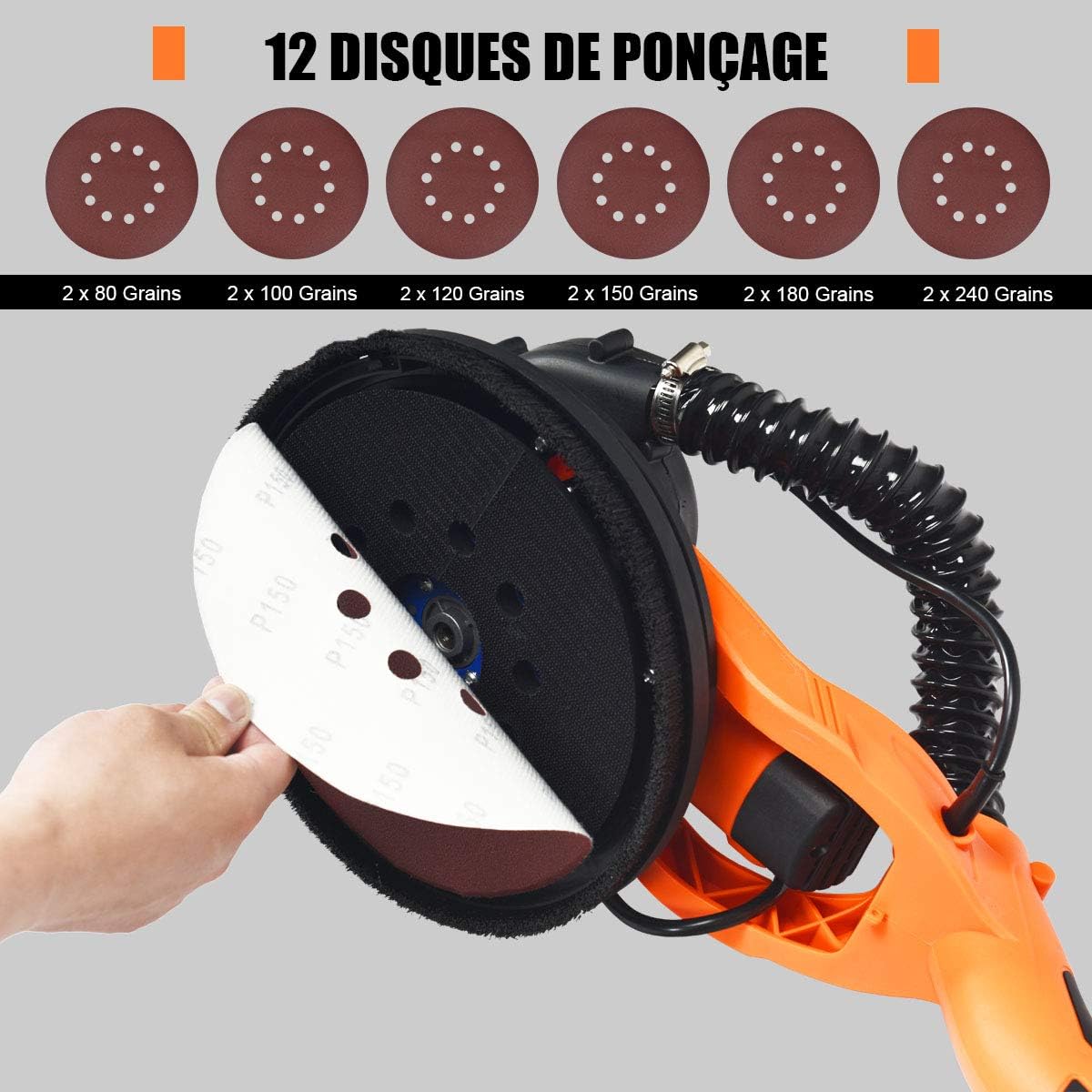 Ponceuse Girafe Murale 750W pour Mur et Plafond, 12 Disques Abrasifs Ø225MM, 6 Vitesses à 1500RPM, 80 Lumières LED, Manche Télescopique - 5