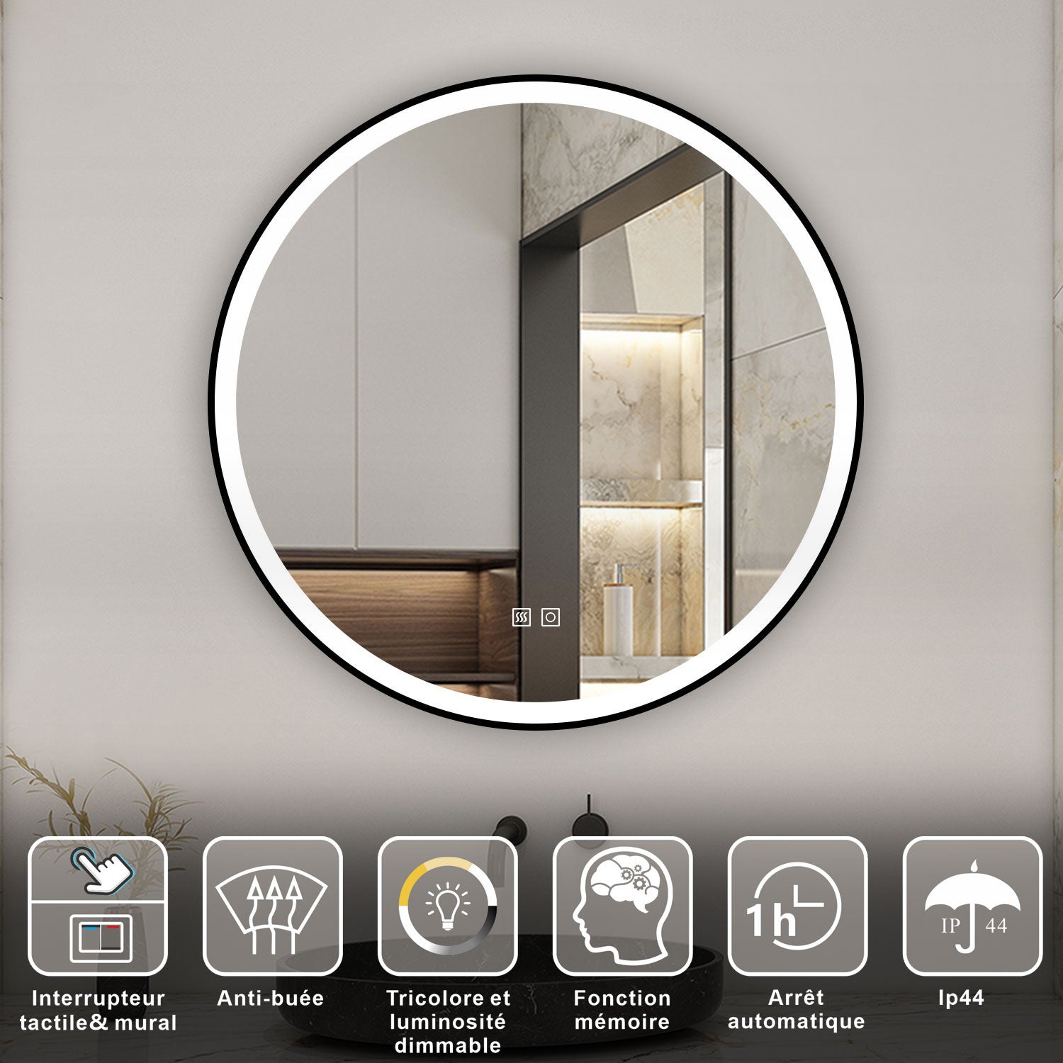 AICA Miroir lumineux rond 60 x 60cm avec 3 couleurs + dimmable + anti-buée + mémoire, miroir salle de bain led - 2