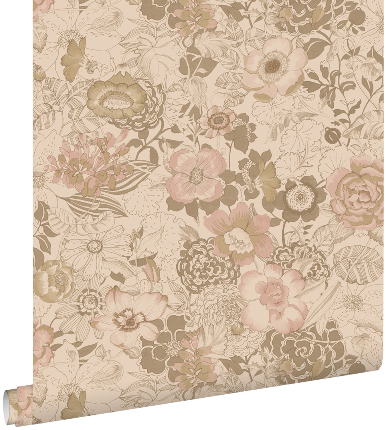 Tapeta zabytkowe kwiaty jasny brązIstarego różu - 50 x 900 cm - ESTAHOME
