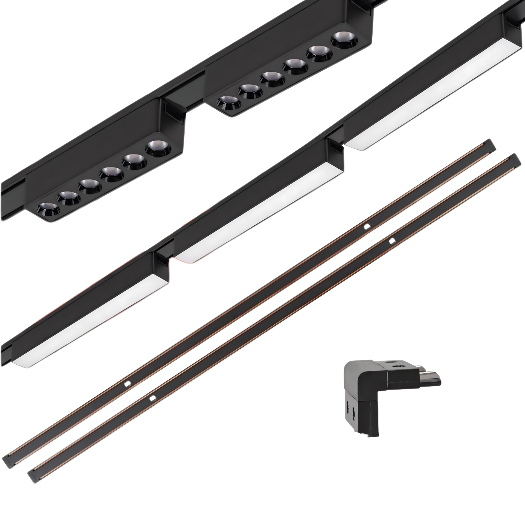 Zestaw oświetlenia szynowego LED Czarny system magnetyczny 2 x szyna 1m + 5 lamp LED + łącznik kątowy pionowy - LEDHOFF
